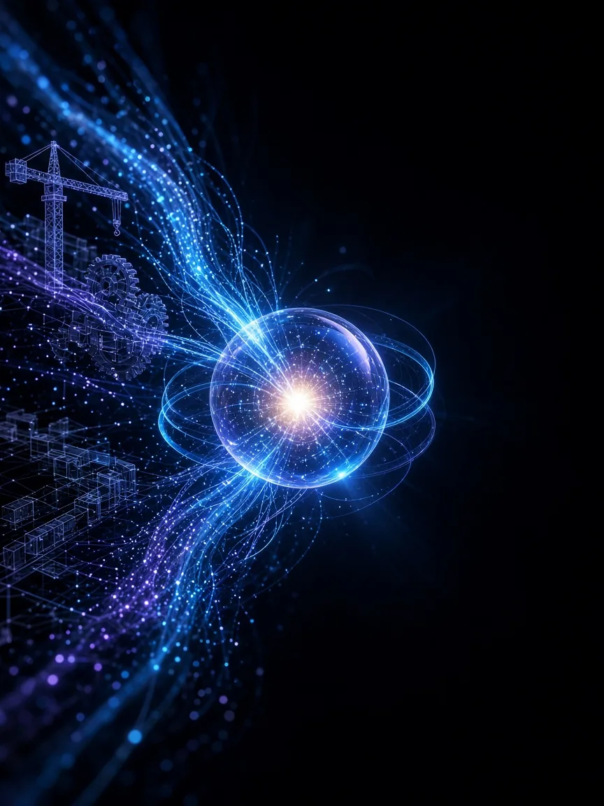 Glowing AI core connected by streams of light to construction, manufacturing and logistics operations